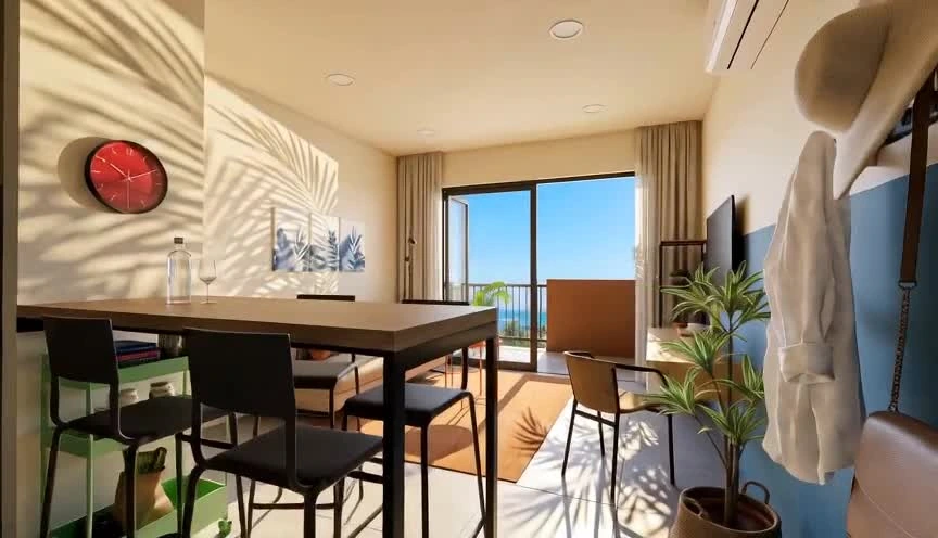 Proyecto SunCity en Cartagena: comedor luminoso con vista al mar