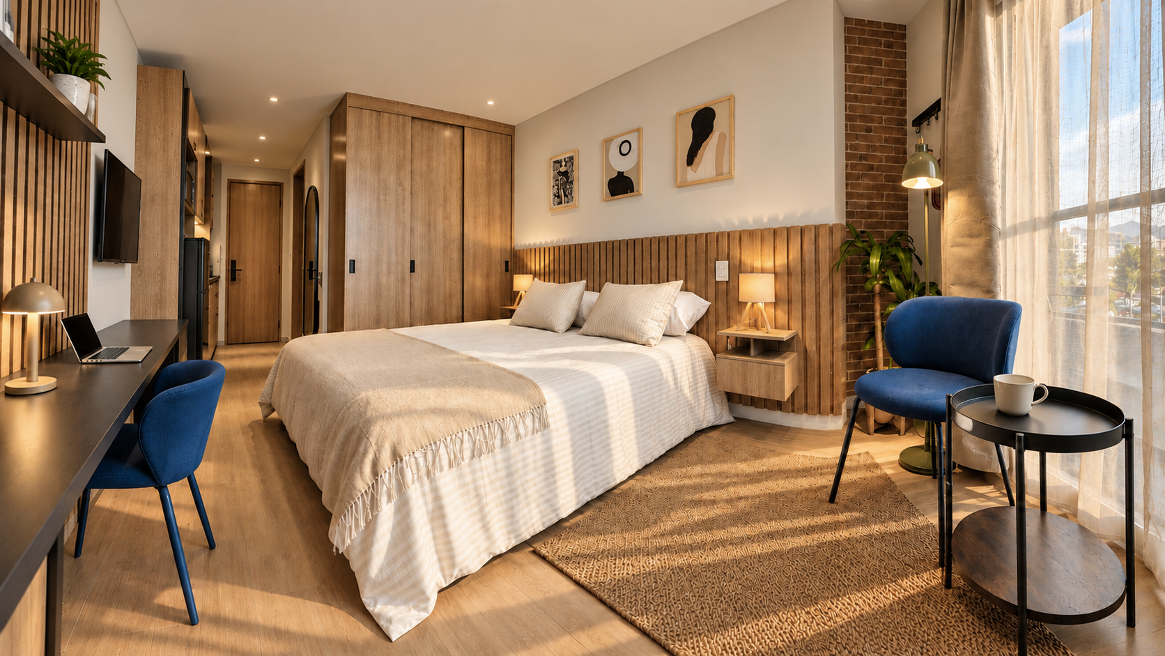 Proyecto Well 100 en Bogotá: habitación amplia con acabados de madera y acentos azules
